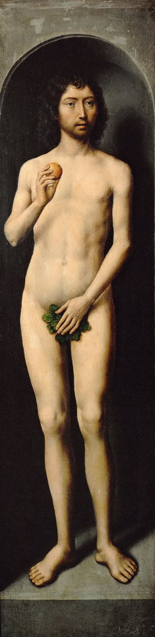 Adam. Pyhän Johannes Kastajan pienen triptyykin sivusiipi - Hans Memling (1433/40-1494). Öljy puulle, n. 1485. Mitat : 69,4x17,2 cm. Taidehistoriallinen museo, Vienne tekijältä Hans Memling