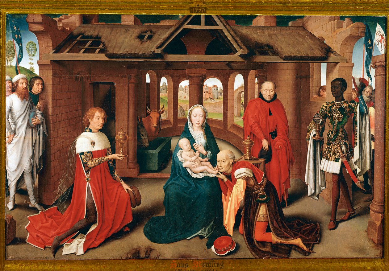 Maagien palvonta. Pradon triptyykin keskipaneeli (öljy puulle, n. 1470) tekijältä Hans Memling