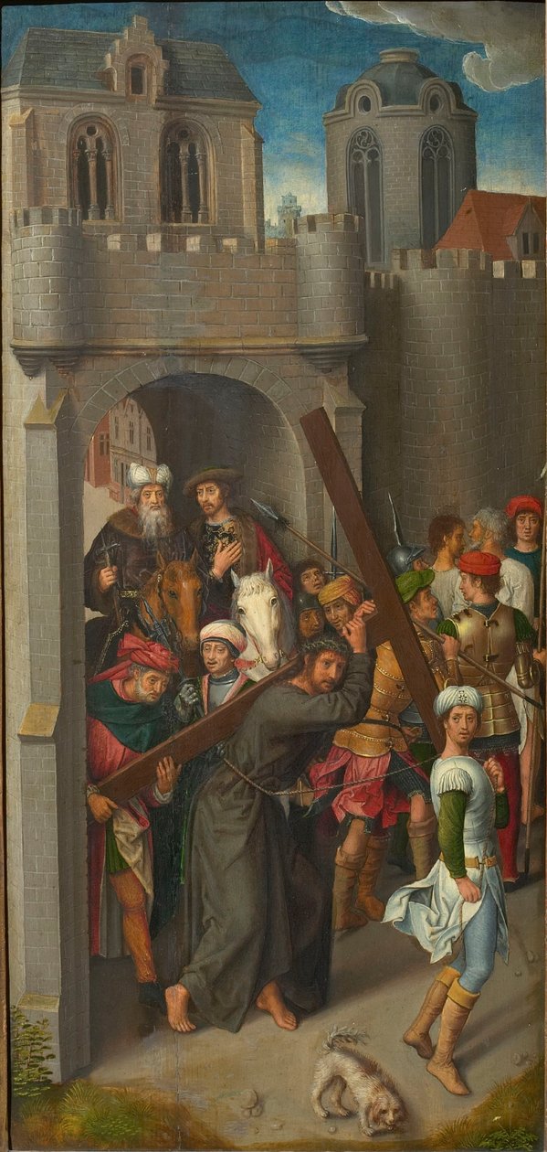 Golgatan triptyykki: Kristus kantaa ristiä, vasen siipi, 1480-luku. tekijältä Hans Memling
