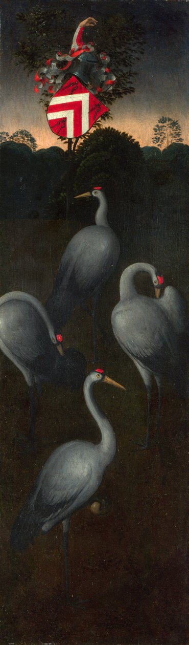Pagagnotti-suvun vaakunaiset nosturit Triptyykin paneelin kääntöpuoli, n. 1480 tekijältä Hans Memling