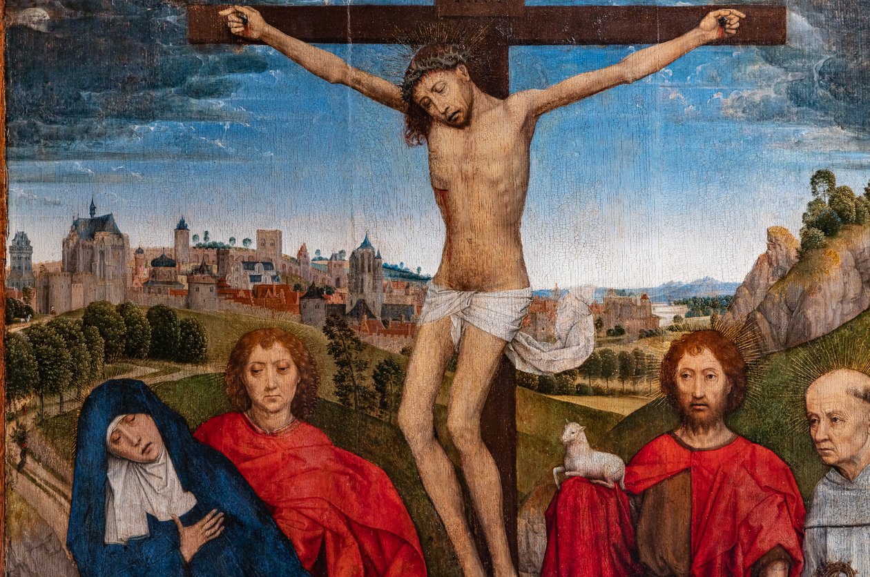 Ristiinnaulittu Kristus Neitsyen kanssa, Pyhä Johannes Kastaja ja evankelista, Maria Magdalena ja kaksi cistertsiaapottia, yksityiskohta tekijältä Hans Memling