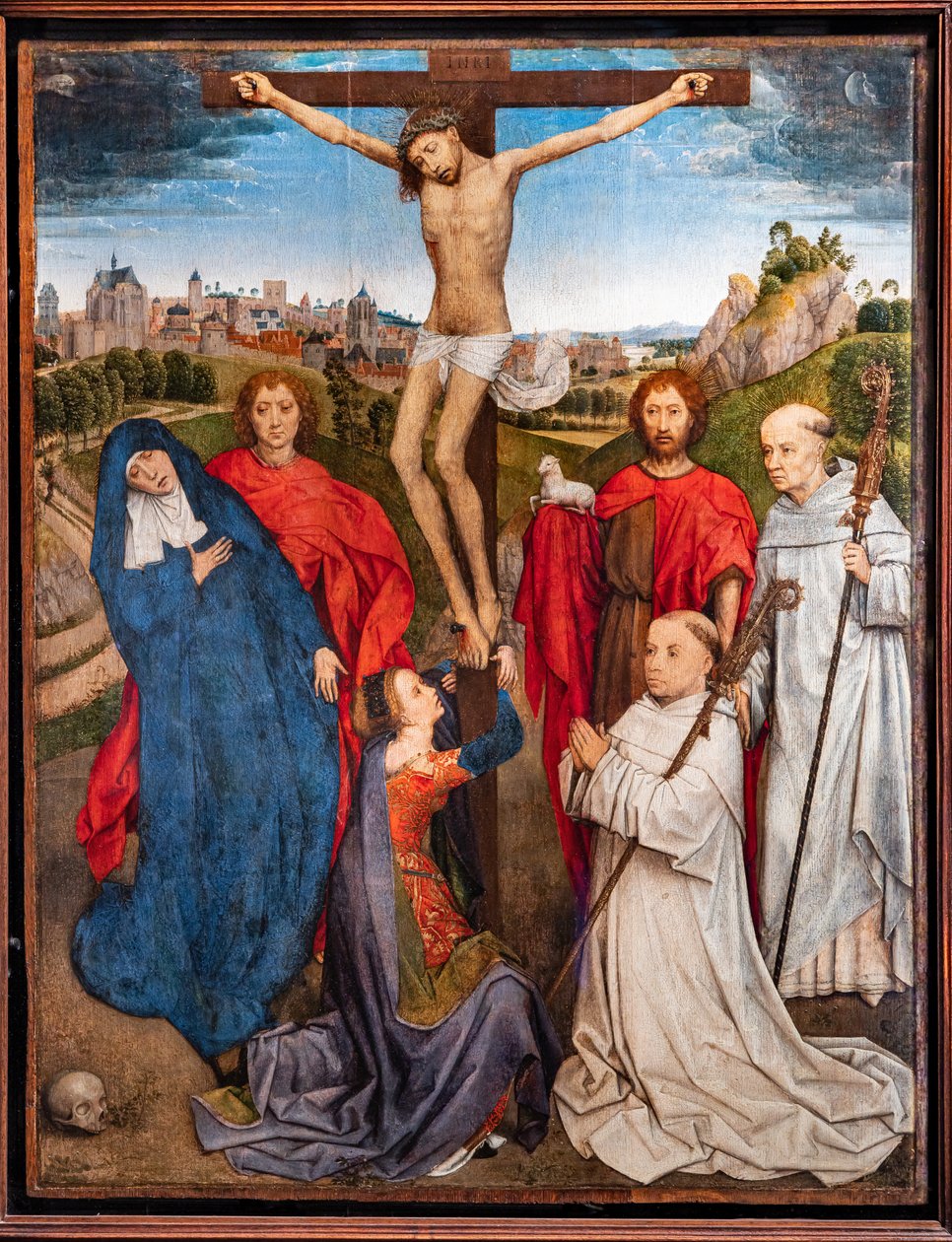 Ristiinnaulittu Kristus ja Neitsyt, Johannes Kastaja ja evankelista, Maria Magdaleena ja kaksi sisteriläisapattia. tekijältä Hans Memling