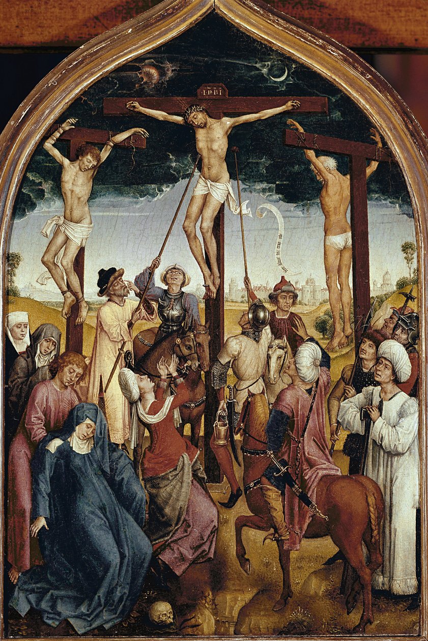 Ristiinnaulitseminen, Jeanne de Francen diptyykin oikea osa (Ristiinnaulitseminen, Jeanne of Francen diptyykistä) - Hans Memlingin maalaus (1435/40-1494), öljy puulle, 52x36 cm. Chantilly, Musee Conde. tekijältä Hans Memling