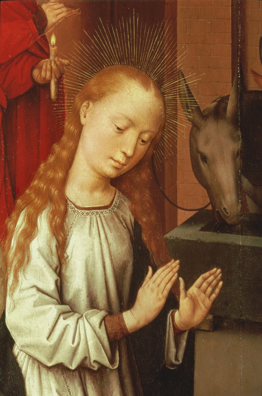Yksityiskohta Neitsyt Neitsyt syntymäkuvauksesta tekijältä Hans Memling