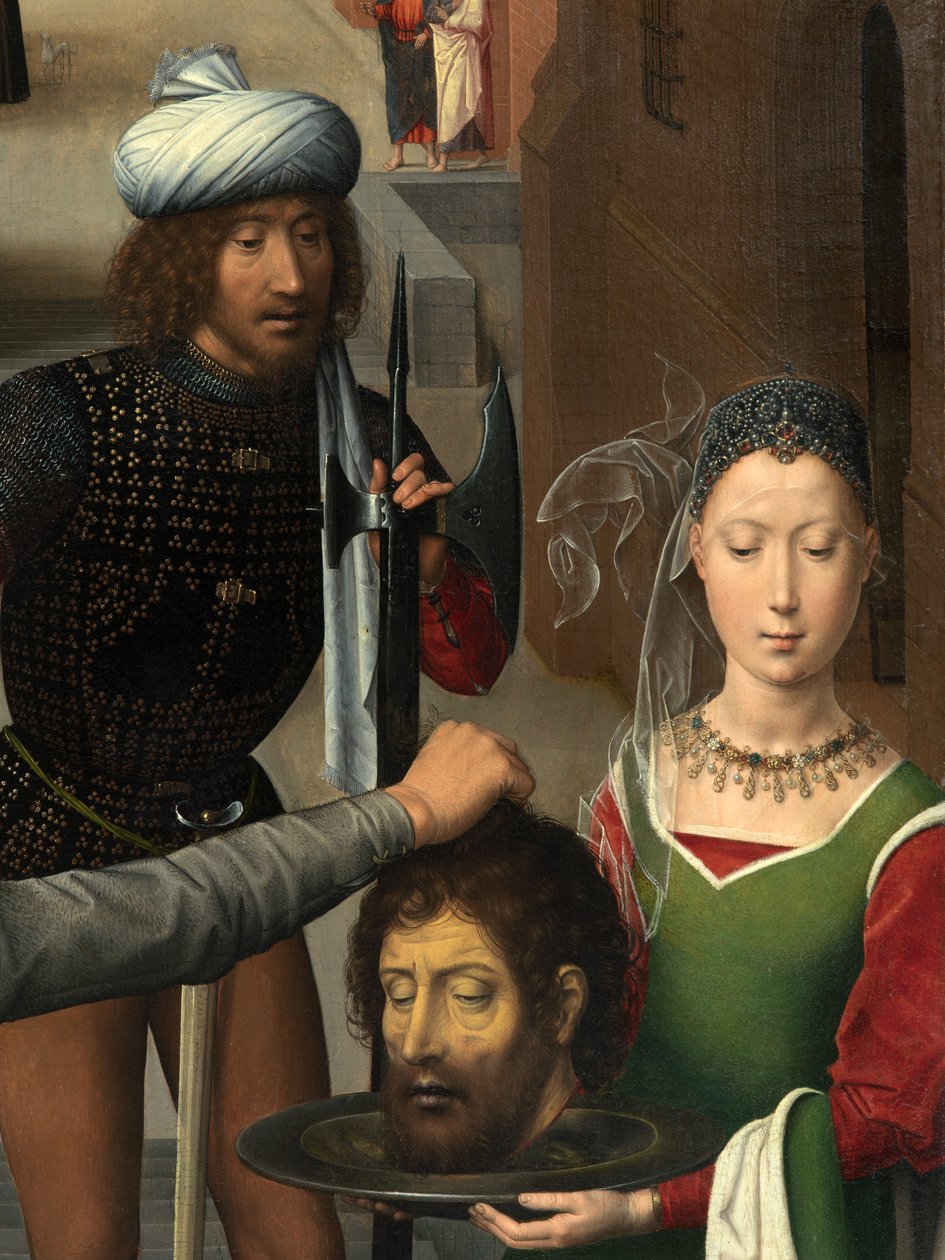 Yksityiskohta Pyhän Johannes Kastajan ja Pyhän Johannes Evankelistan triptyykin vasemmasta paneelista tekijältä Hans Memling
