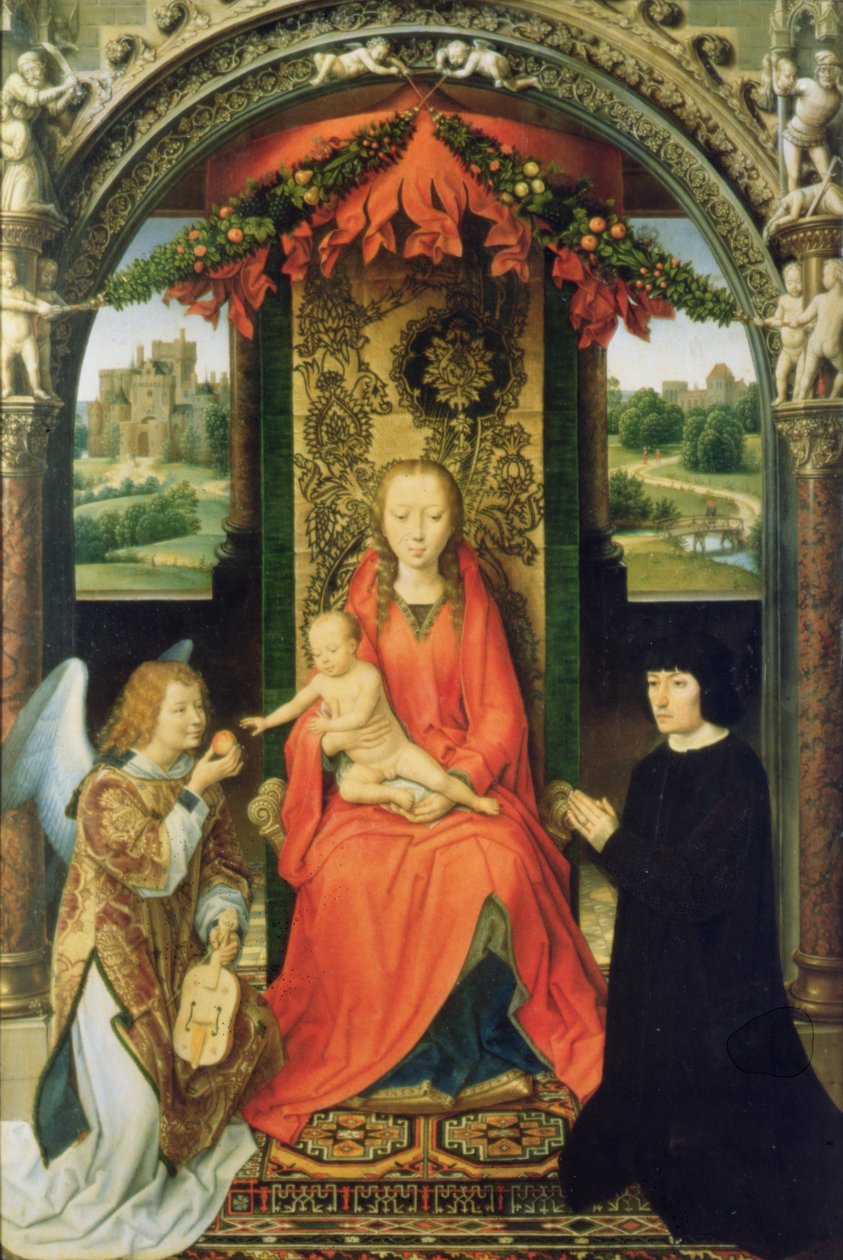 Madonna ja lapsi lahjoittajien ja enkelin kanssa, triptyykin keskipaneeli, 1485-90 (paneeli) tekijältä Hans Memling