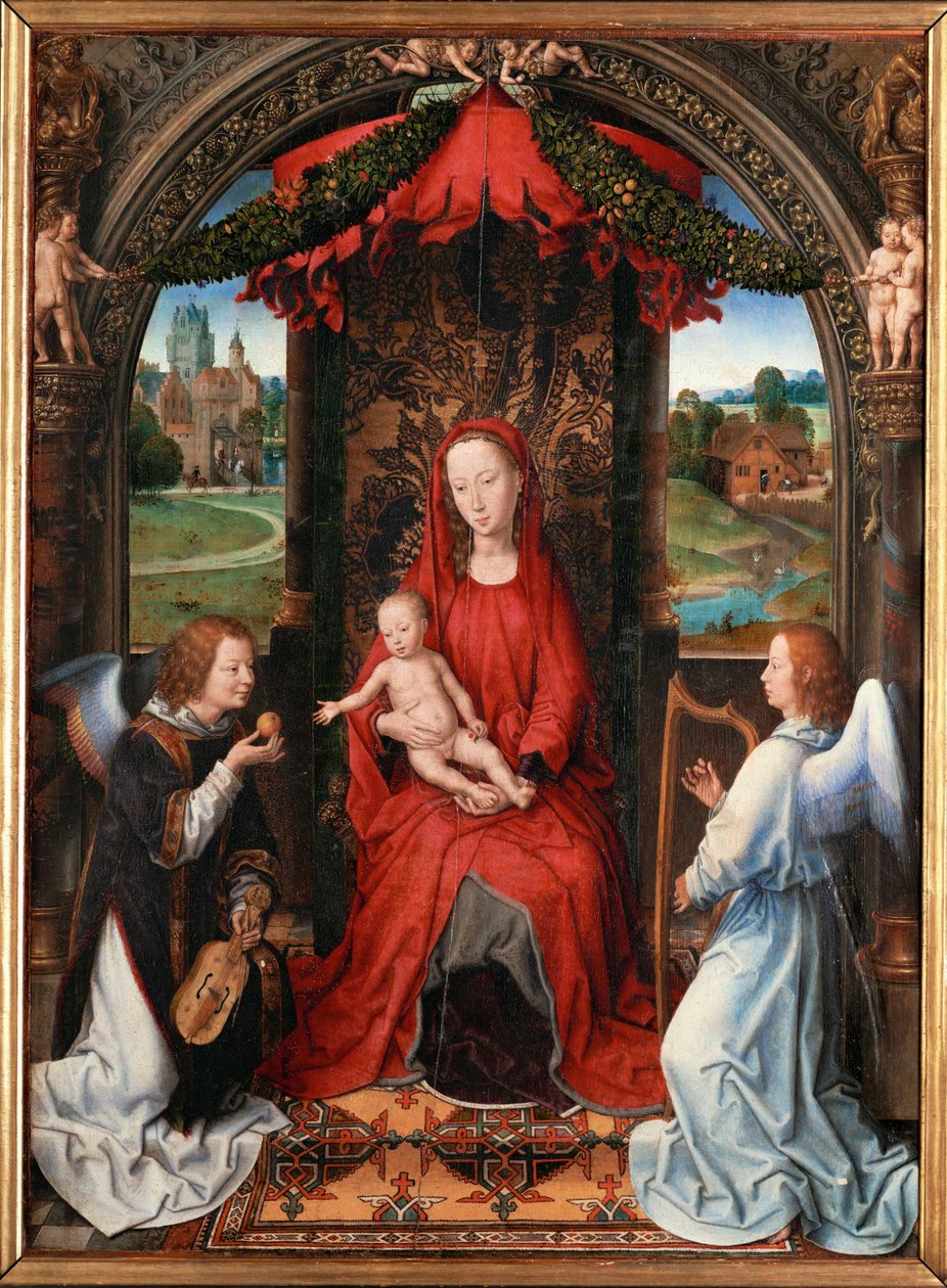 Madonna ja lapsi, enkeli viulu kädessään (huohottaen) tekijältä Hans Memling