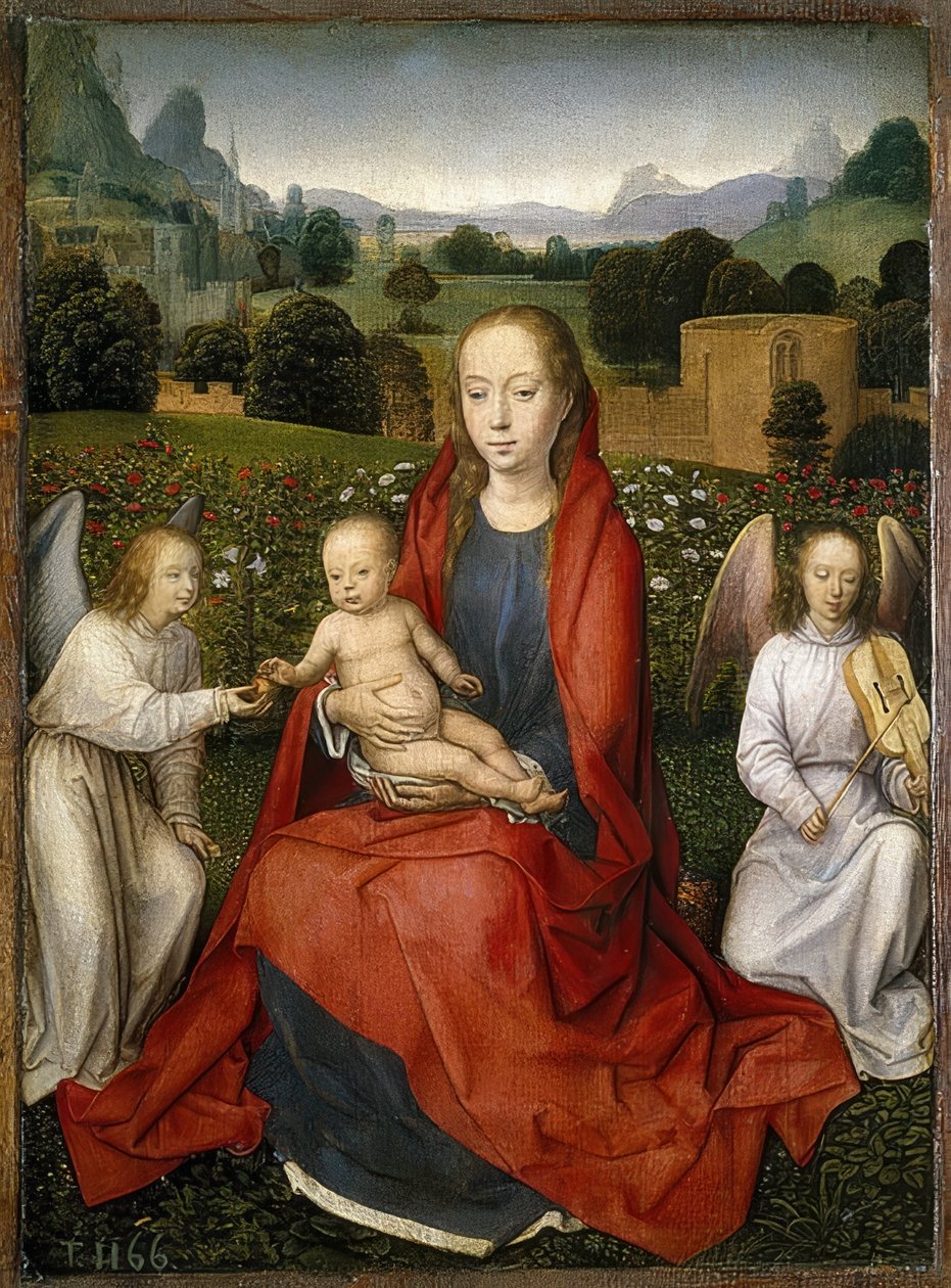Madonna lapsen ja kahden enkelin kanssa. 1480-90 tekijältä Hans Memling