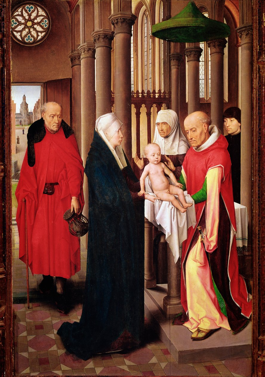 Esitys temppelissä. Oikea paneeli Taikaiden palvonnan triptyykistä (Detrempe puulla, n. 1470) tekijältä Hans Memling
