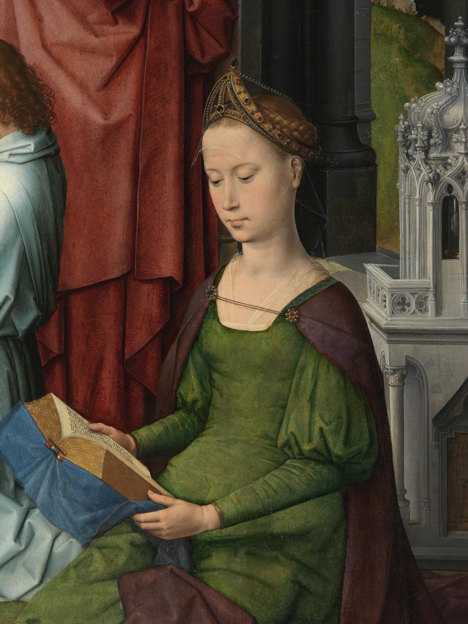 St. Barbara, yksityiskohta Pyhän Johannes Kastajan ja Pyhän Johannes Evankelistan triptyykin keskipaneelista tekijältä Hans Memling