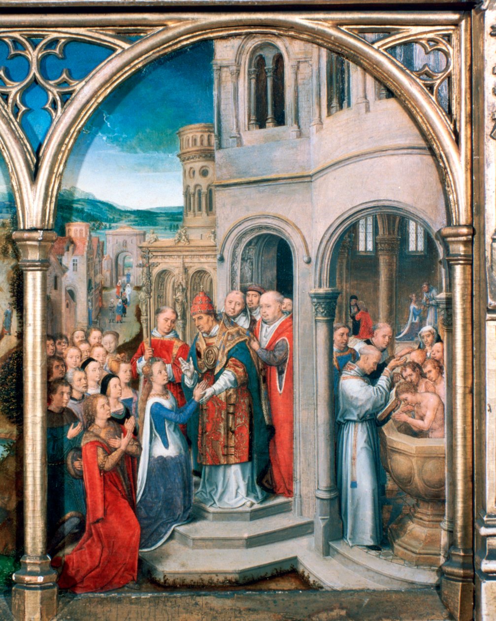 Pyhän Ursulan pyhäkkö, saapuminen Roomaan, 1489 tekijältä Hans Memling