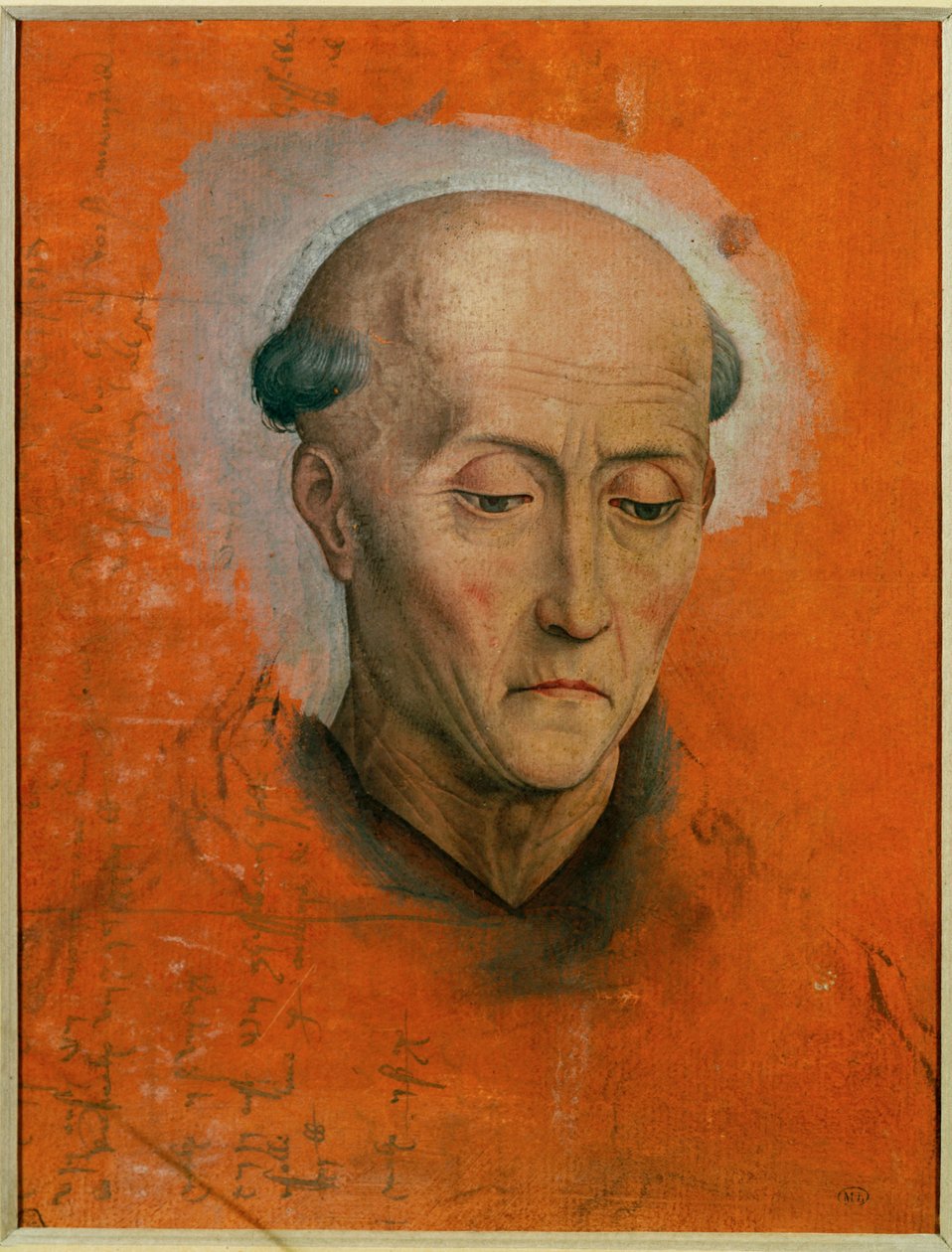 Tutkimus Pyhän Benedictuksen päätä varten, joka on maalattu Bruggen Morelin perheen alttarille .... tekijältä Hans Memling