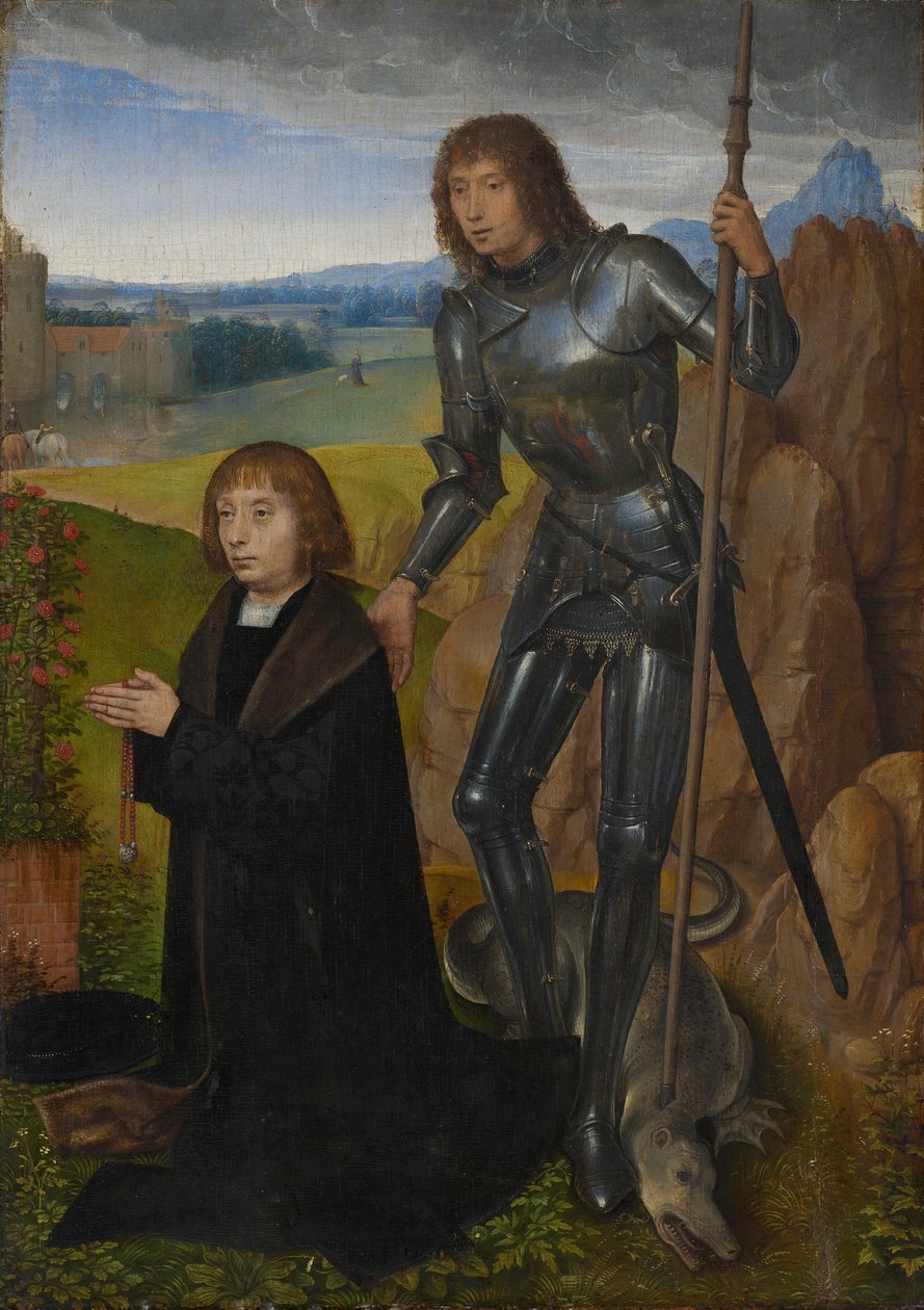 Diptyykin yksi osa: Pyhä Georg ja lahjoittaja
(Ulompi puoli irrotettu; ks. inv. nro 1401) tekijältä Hans Memling