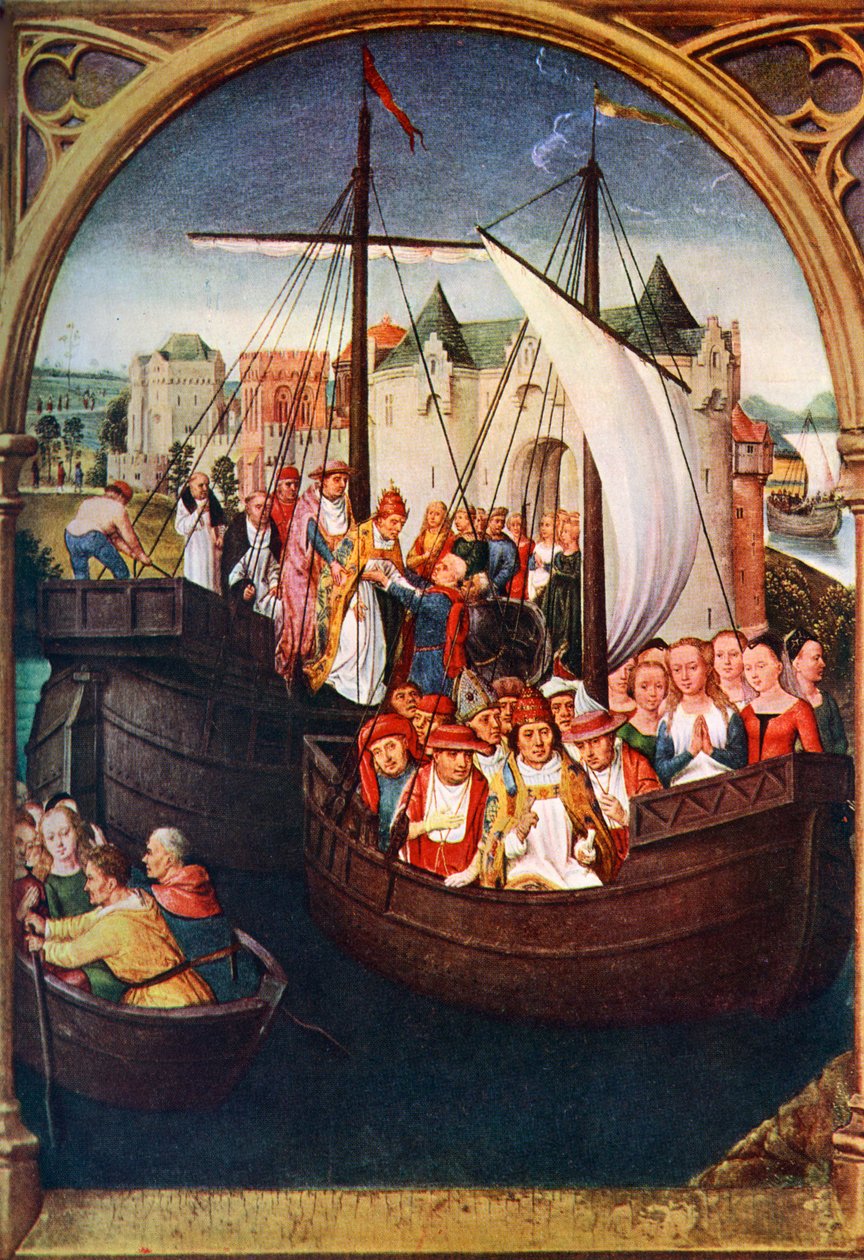 Pyhän Ursulan lähtö Baselista ennen vuotta 1489, n. 1900-1920. tekijältä Hans Memling