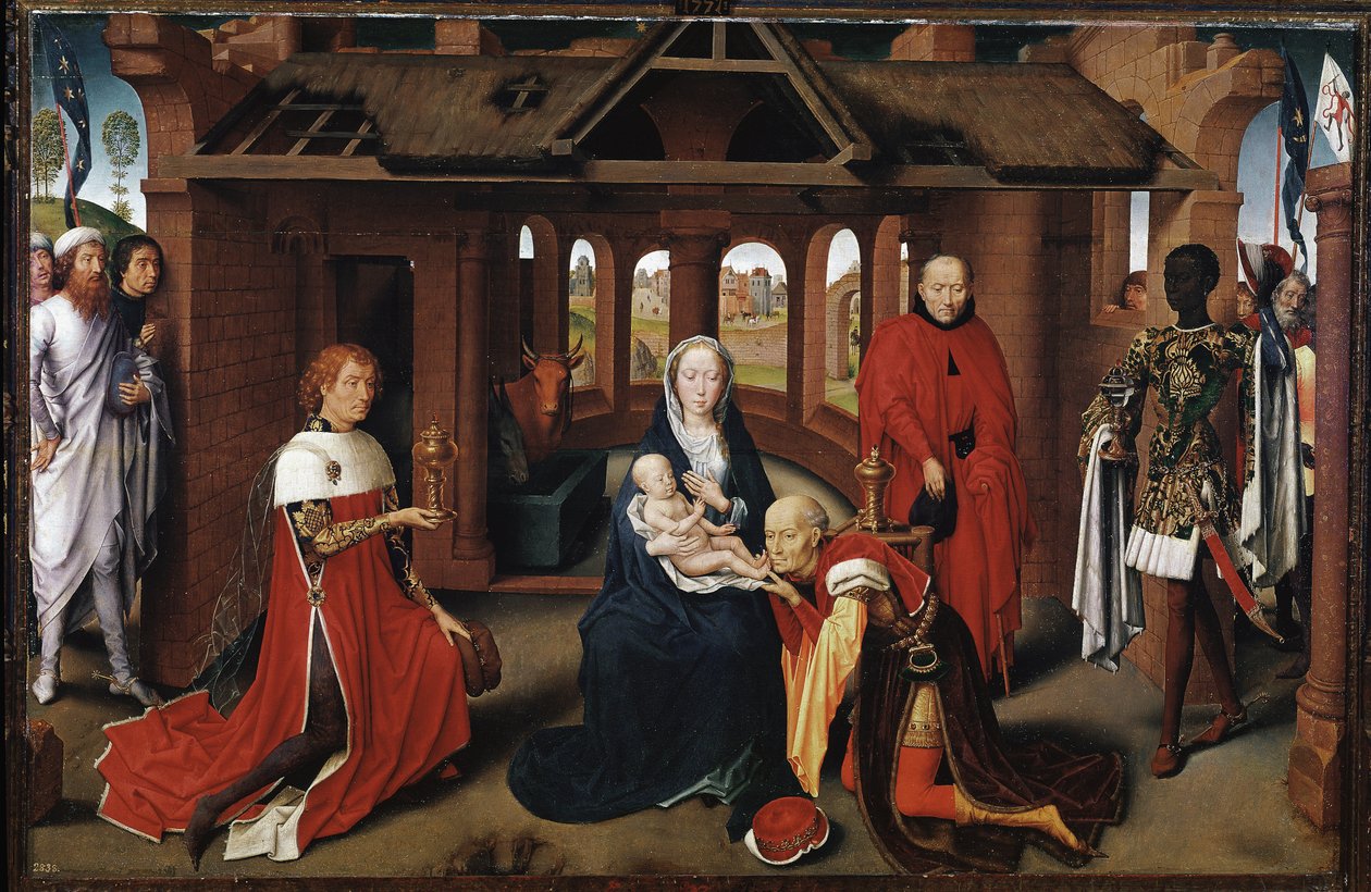 The Magi hahmona Charles the Temerary ja Philip the Good. Adoration of the Magi -elokuvan keskuspaneeli (Detrempe puulla tekijältä Hans Memling