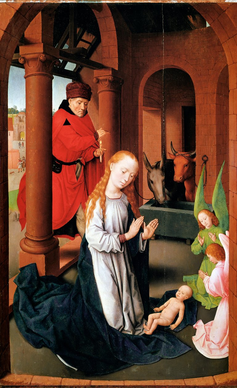 Syntymä. Palvonnan triptyykin vasen paneeli (Detrempe puulla, n. 1470) tekijältä Hans Memling