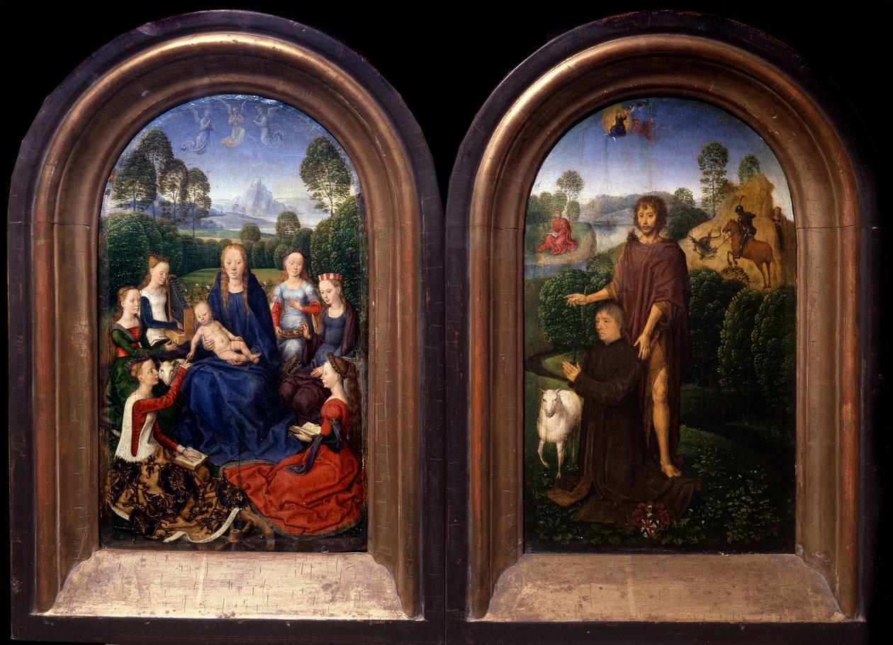 Neitsyt ja lapsi Saintesin, lahjoittajan ja Pyhän Johannes Kastajan diptyykki ympäröimänä - Hans Memlingin (1435-1494) maalaus (ec flam) 1400-luvun Pariisi, Louvre-museo tekijältä Hans Memling