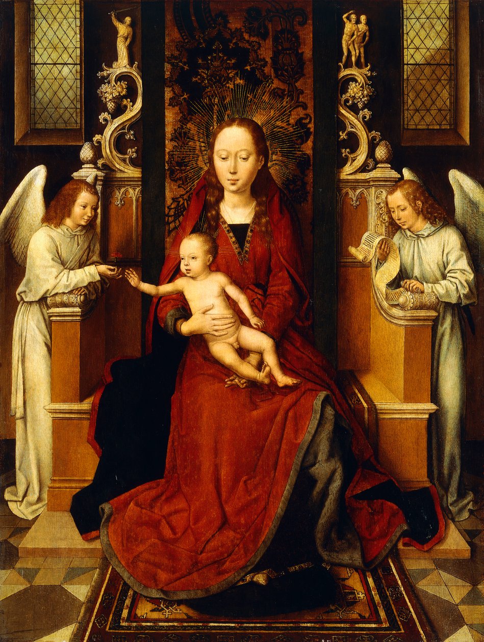 Neitsyt ja lapsi valtaistuimella kahden enkelin kanssa, tekijältä Hans Memling