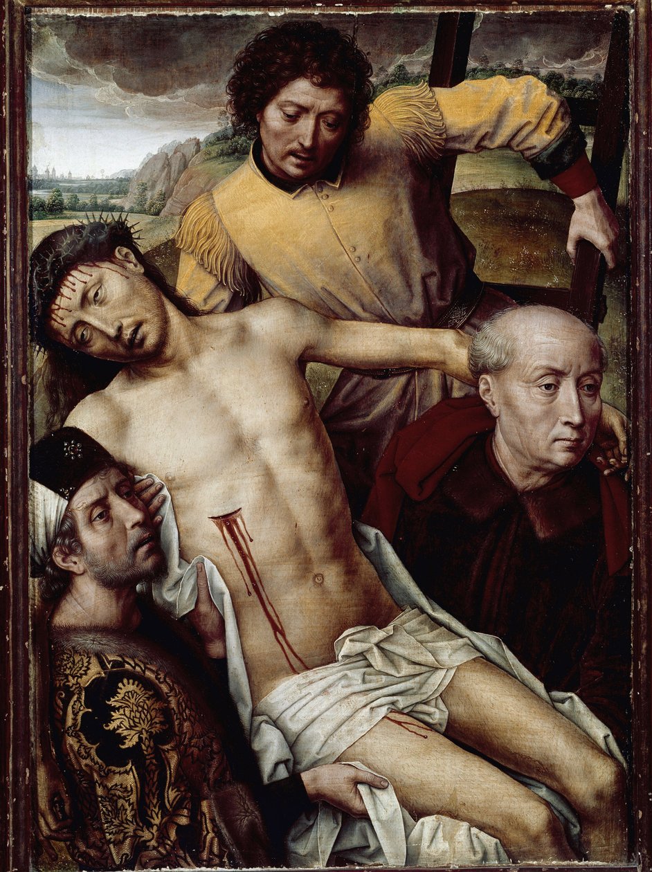 Ristin laskeutuminen (laskeuma). Jeesuksen Kristuksen ruumista kantaa kolme miestä, mukaan lukien Joosef Arimatialainen (vasemmalla) ja Nikodema (oikealla). Hans MEMLINGin (1433-1494) maalaus vuodet 1470. Flanderin taide. Öljy puulle. Granada, kuninkaallin tekijältä Hans Memling