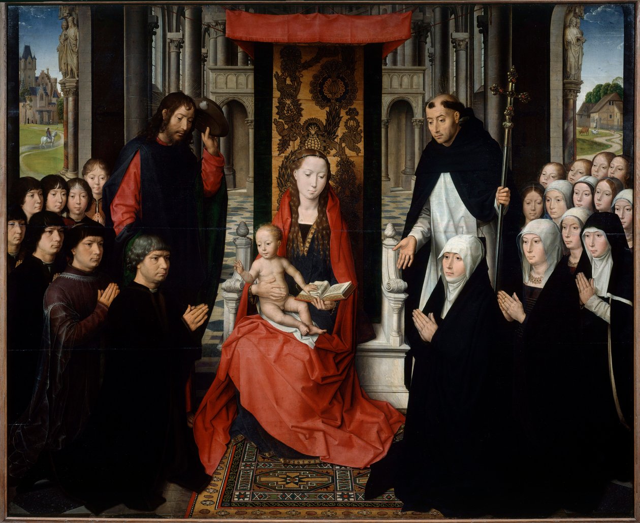 Neitsyt ja lapsi Saint Jamesin ja Saint Dominican välillä esittämässä luovuttajia tai Jacques Floreinsin neitsyt. Hans Memlingin (1435-1494) maalaus (ec.flam.) 1400-luvun su. 1,3x1,6 m tekijältä Hans Memling