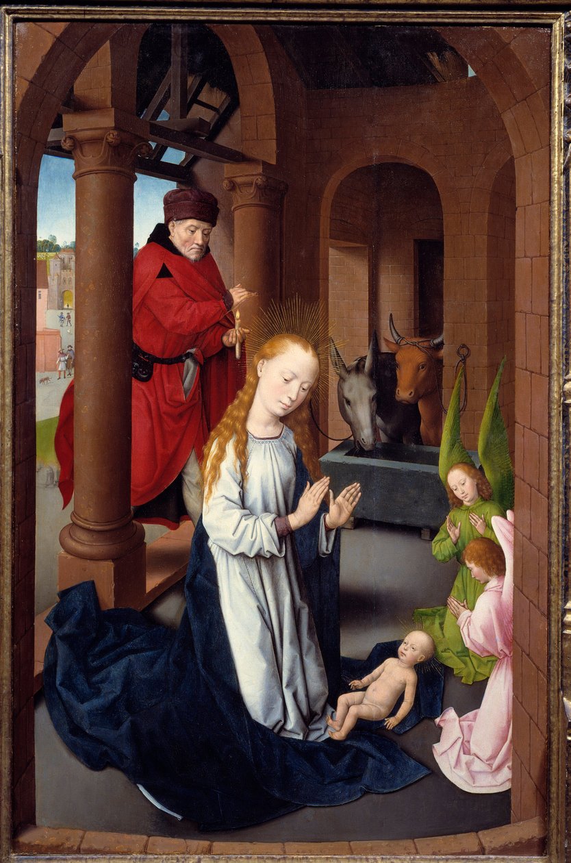 Taikaiden palvonnan triptyykki. Yksityiskohta vasemmasta paneelista: La Nativite. Hans Memlingin (1433-1494) Detrempe puulle, noin 1470. Madrid. Pradon museo tekijältä Hans Memling