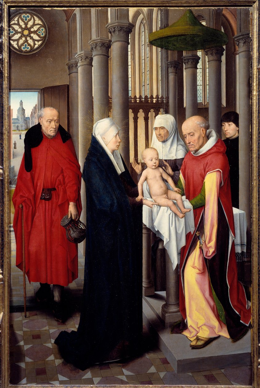 Taikaiden palvonnan triptyykki. Yksityiskohta oikeanpuoleisesta paneelista: esitys temppelissä. Hans Memlingin (1433-1494) Detrempe puulle, noin 1470. Madrid. Pradon museo tekijältä Hans Memling