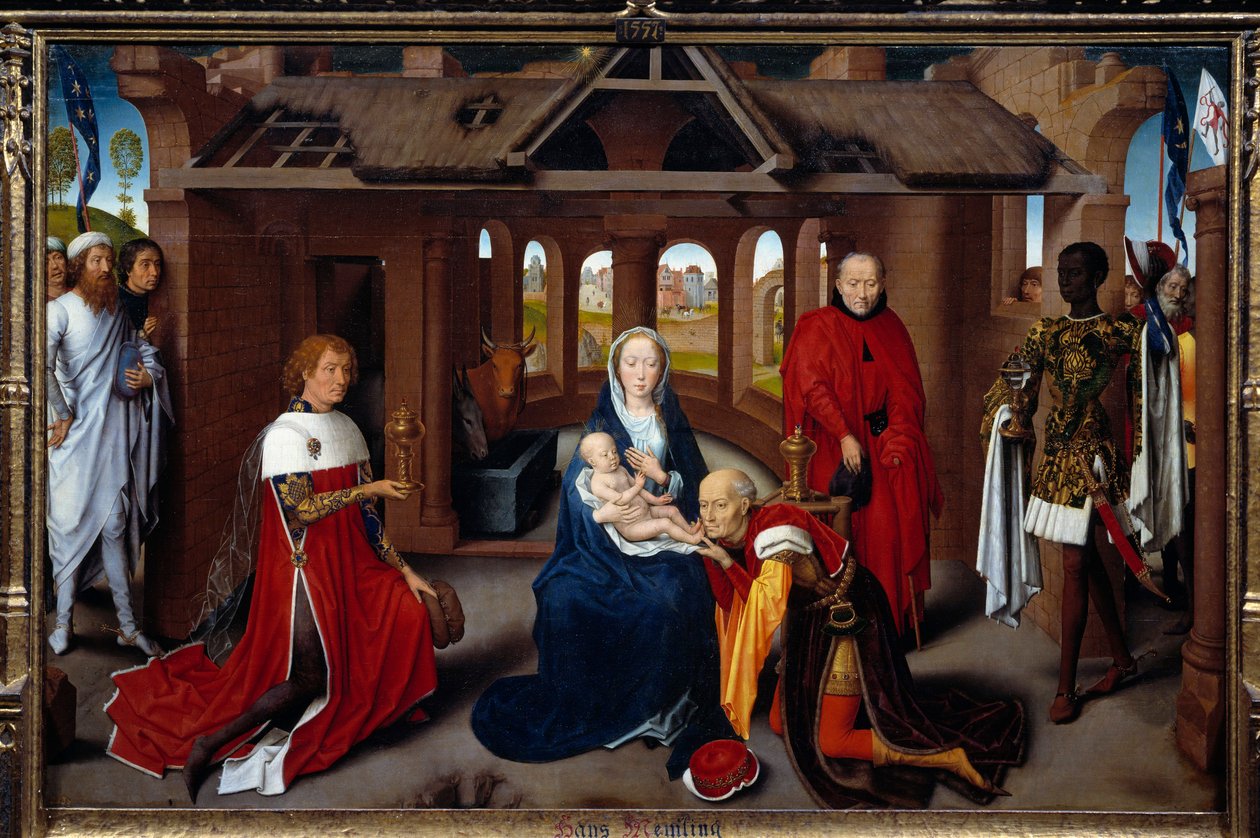 Taikaiden palvonnan triptyykki: keskuspaneeli. Maagit ovat kuin Charles Temeraire ja Philip Hyvä. Hans Memlingin (1433-1494) Detrempe puusta. noin 1470, su. 0,95x1,45 m Madrid. Musee du Prado. - Taikaiden palvonnan triptyykki: senttiä tekijältä Hans Memling