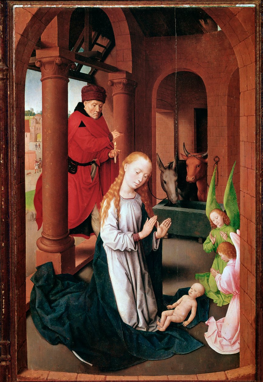 Pradon triptyykki (tai Adoration of Magi): Nativite Vasen paneeli (maalaus, n. 1470) tekijältä Hans Memling