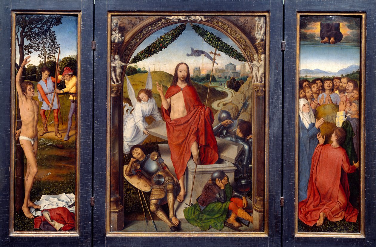 Ylösnousemuksen triptyykki. Vasemmalla: San Sebastianin marttyyrikuolema. Oikealla: Kristuksen taivaaseenastuminen. Keskellä ylösnousemus. Hans Memlingin (1435-1494) maalaus Ec. Flam. tekijältä Hans Memling