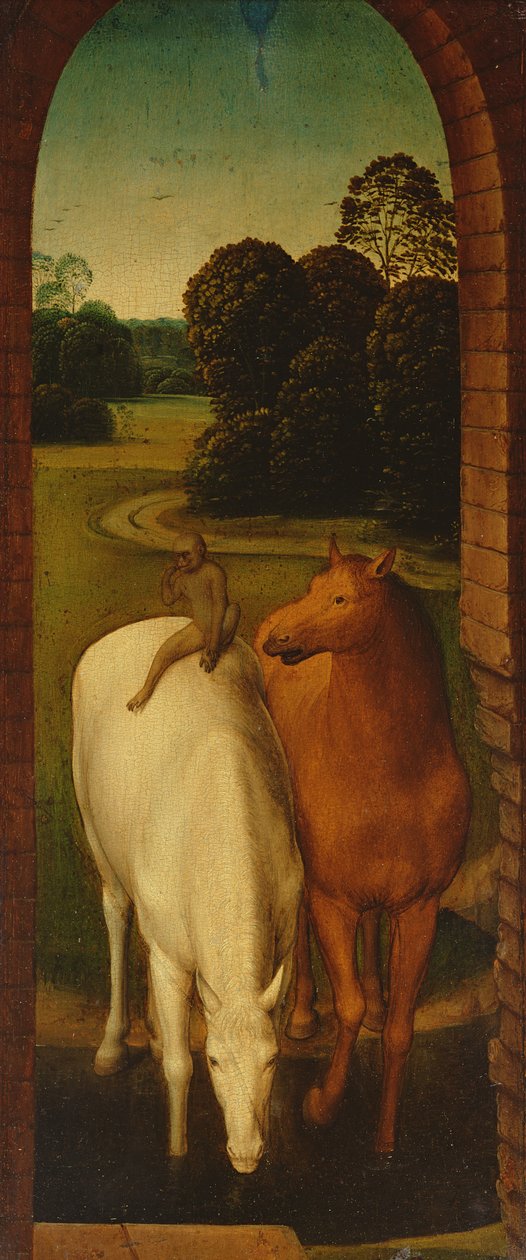 Kaksi hevosta maisemassa tekijältä Hans Memling