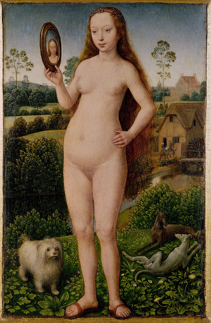 Turhamaisuus, keskipaneeli maallisen turhuuden ja jumalallisen pelastuksen triptyykistä, n. 1485 tekijältä Hans Memling