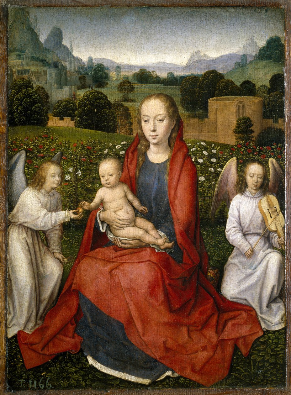 Neitsyt ja lapsi ja kaksi enkeliä, 1480-1490 tekijältä Hans Memling
