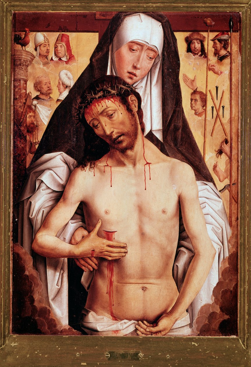 Neitsyt ja kuollut kristus Hans Memlingin maalaus (1435/40-1494) 1480 halkaisija 52x36 cm Granada, Royal Chapel tekijältä Hans Memling