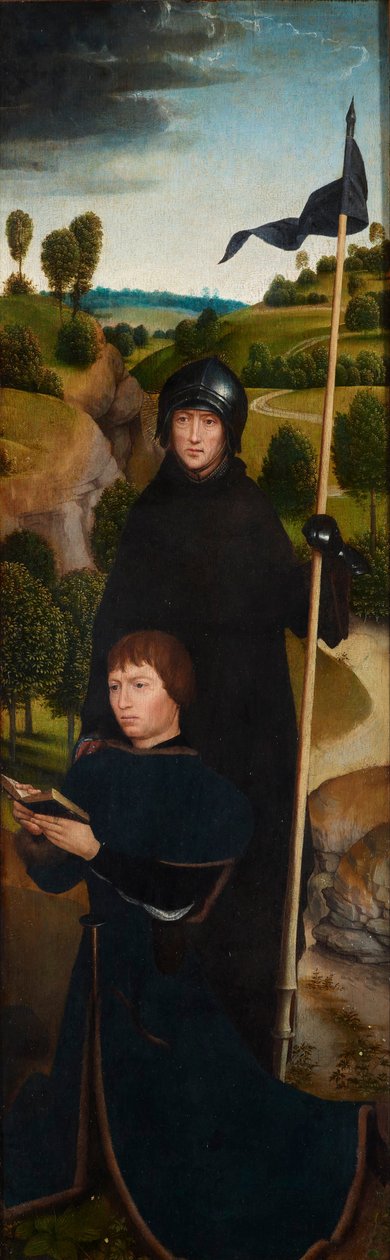 Nuori mies rukoilemassa Pyhän Vilhelm Malevalin kanssa tekijältä Hans Memling
