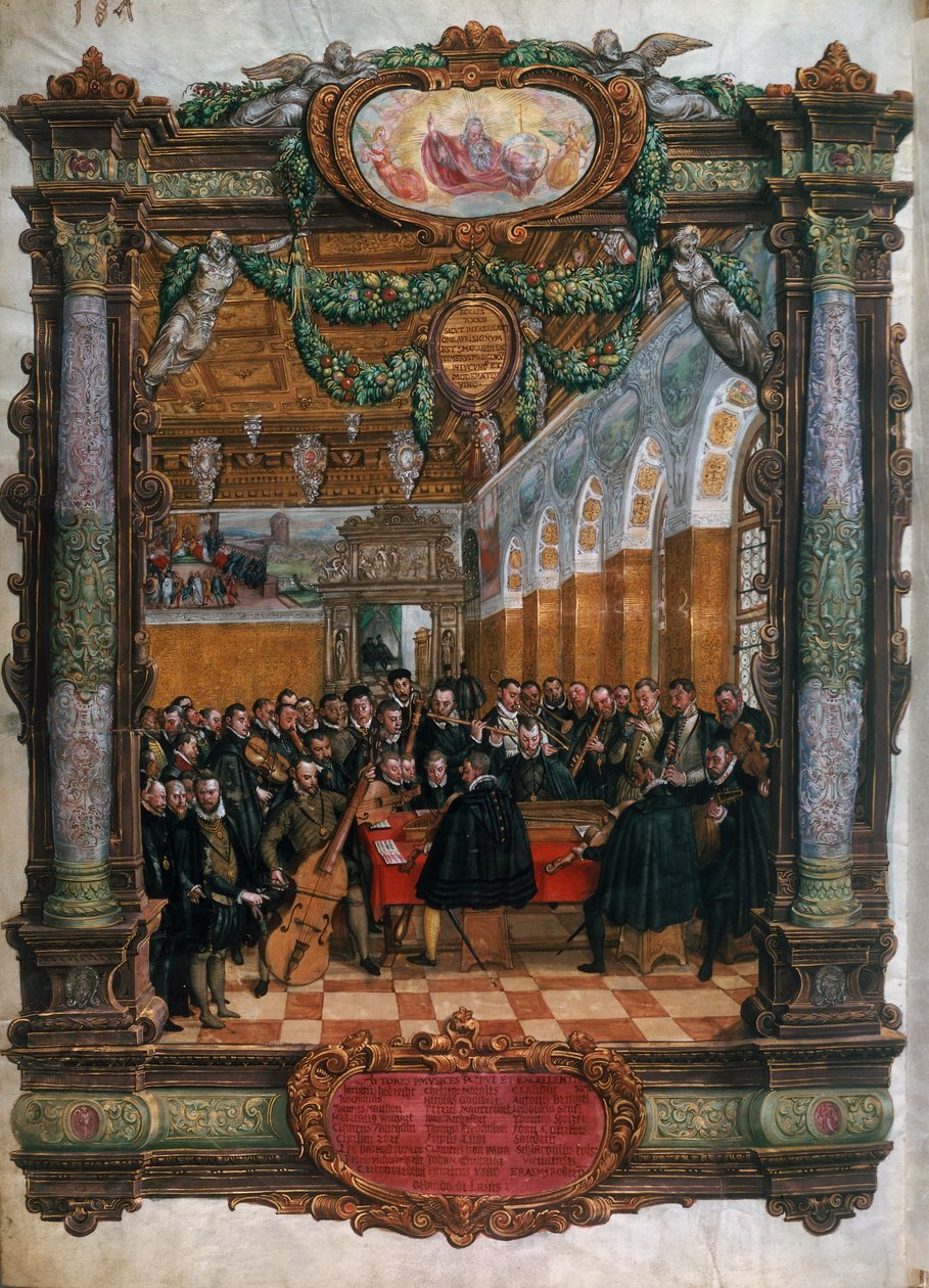 Orlando di Lasso (1532-1594), alhaalla vasemmalla, konsertissa Baijerin herttua Albrecht V:lle Münchenin hovissa tekijältä Hans Mielich or Muelich