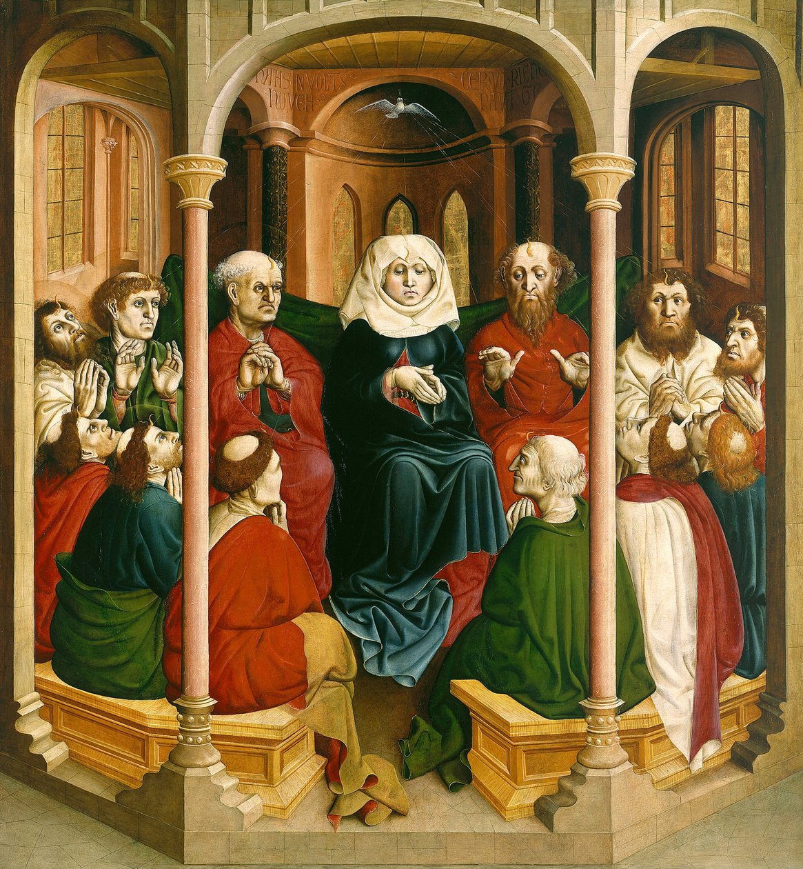 Pyhän Hengen laskeutuminen helluntai. Wurzachin alttarin siivet, 1437 tekijältä Hans Multscher