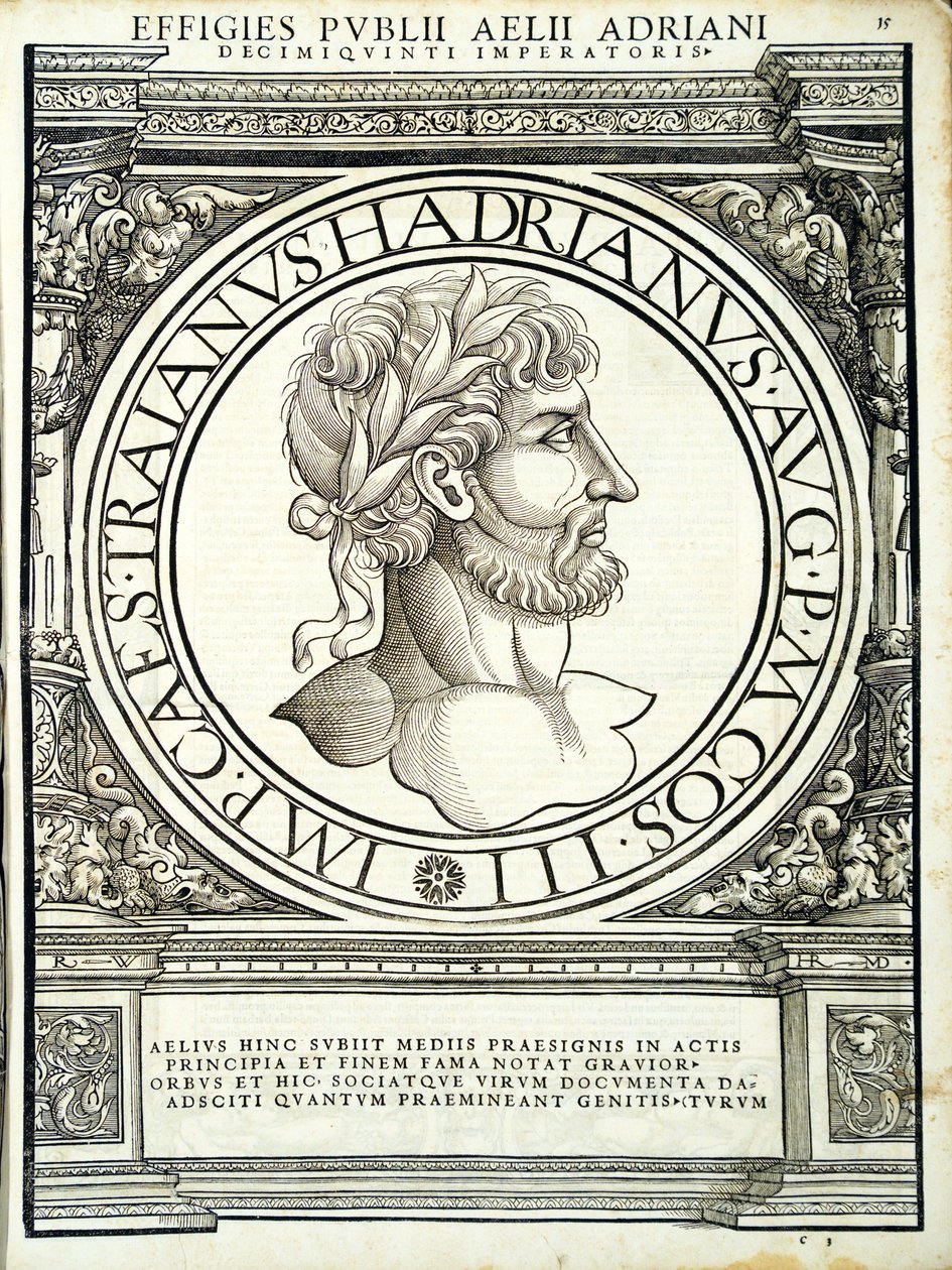 Aelius Hadrianus, kuvitus koko idän ja lännen Rooman keisareilta, todenmukaisimmat kuvat muinaisista kolikoista, puupiirros Rudolph Wyssenbach, paina Andreas Gesner, Zuri tekijältä Hans Rudolf Manuel Deutsch