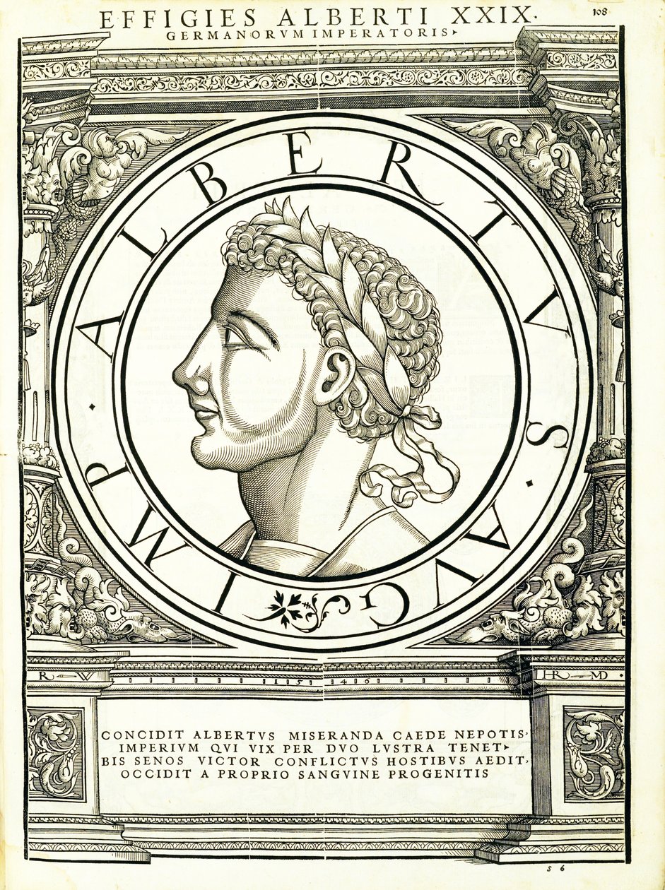 Albert I, kuvitus teoksesta "Kaiken idän ja lännen Rooman keisarit", Rudolph Wyssenbachin puupiirros, paina Andreas Gesner, Zürich tekijältä Hans Rudolf Manuel Deutsch