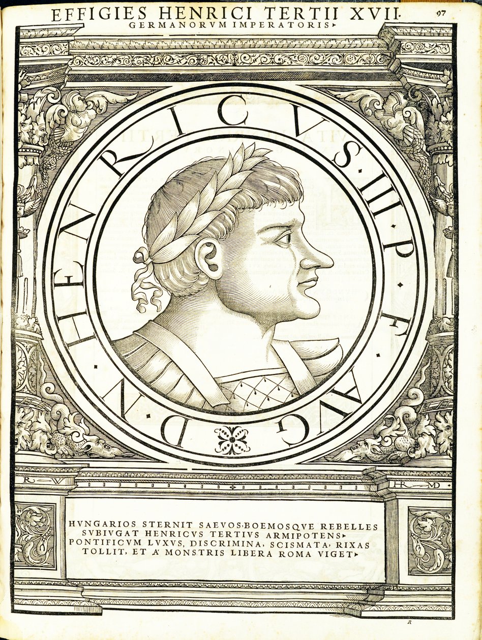 Henrik III, kuvitus teoksesta "Kaiken idän ja lännen Rooman keisarit", Rudolph Wyssenbachin puupiirros, paina Andreas Gesner, Zürich tekijältä Hans Rudolf Manuel Deutsch