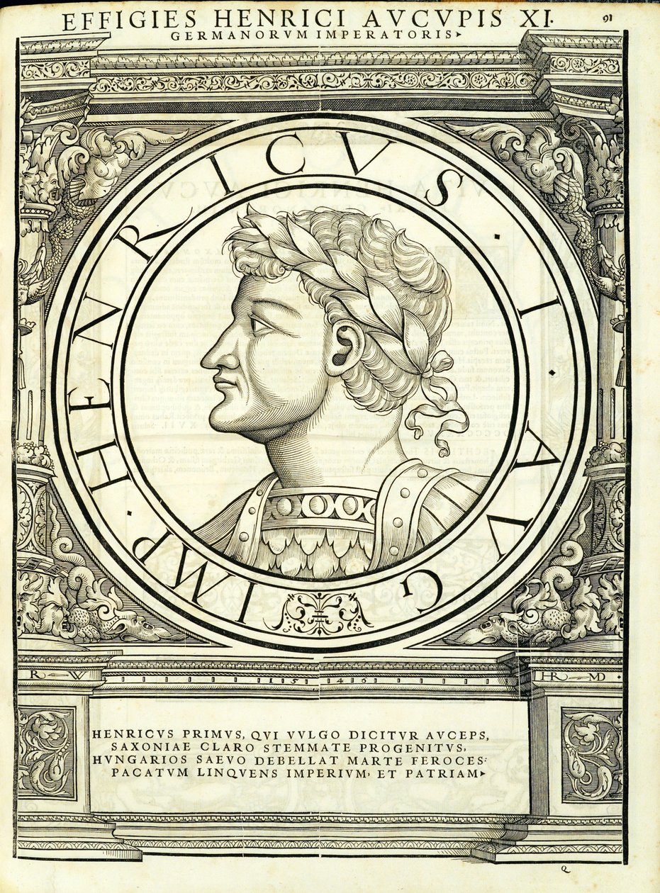 Henricus I Auceps, kuvitus teoksesta "Imperatorum romanorum omnium orientalium et occidentalium verissimae imagines ex antiquis numismatis", Rudolph Wyssenbachin puupiirros, Andreas Gesnerin painama, Z tekijältä Hans Rudolf Manuel Deutsch