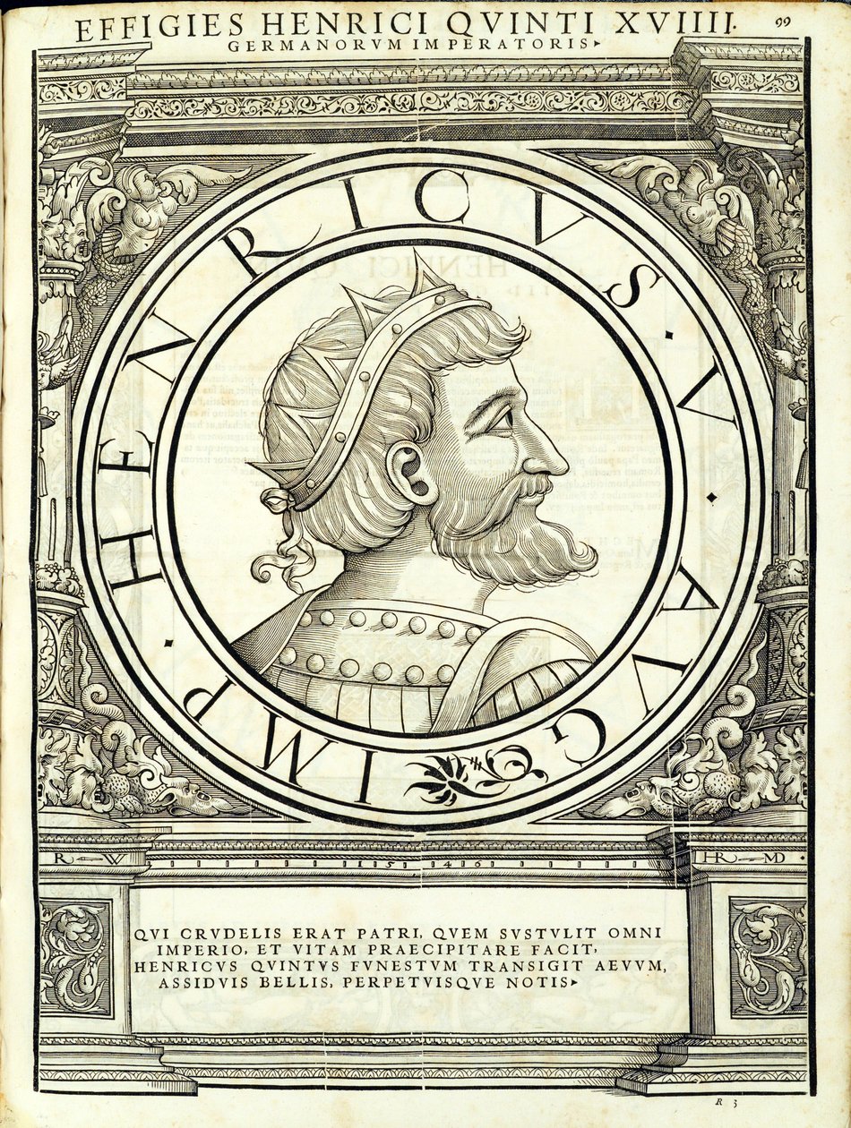 Henrik V, kuvitus teoksesta "Kaiken idän ja lännen Rooman keisarit", Rudolph Wyssenbachin puupiirros, paina Andreas Gesner, Zürich tekijältä Hans Rudolf Manuel Deutsch
