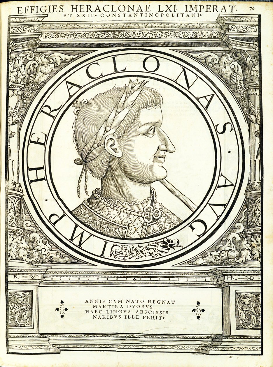 Heraclonas, kuvitus teoksesta "Kaiken idän ja lännen Rooman keisarit", Rudolph Wyssenbachin puupiirros, paina Andreas Gesner, Zürich tekijältä Hans Rudolf Manuel Deutsch