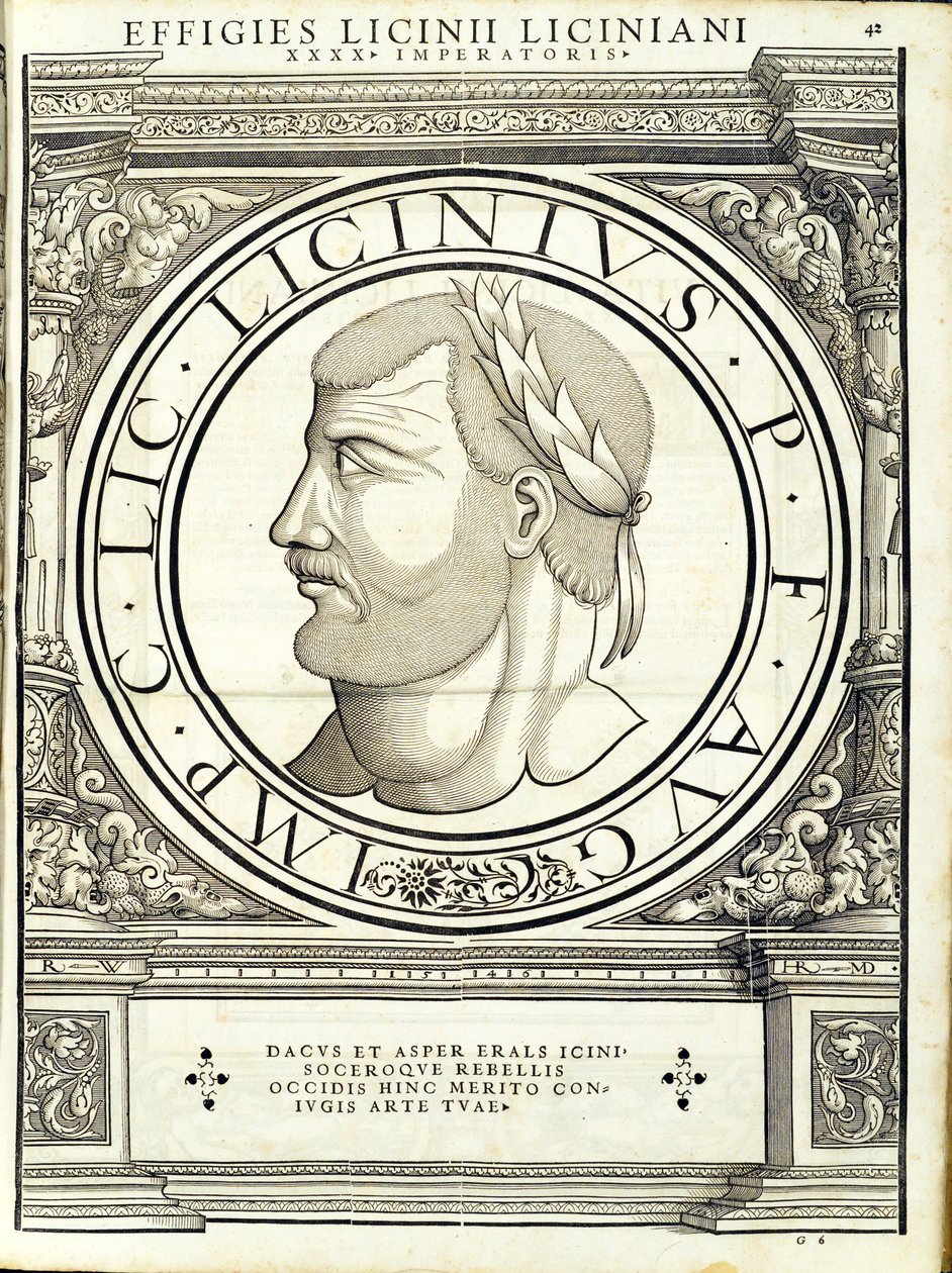 Licinius I, kuvitus teoksesta "Kaiken idän ja lännen Rooman keisarit", Rudolph Wyssenbachin puupiirros, paina Andreas Gesner, Zürich tekijältä Hans Rudolf Manuel Deutsch