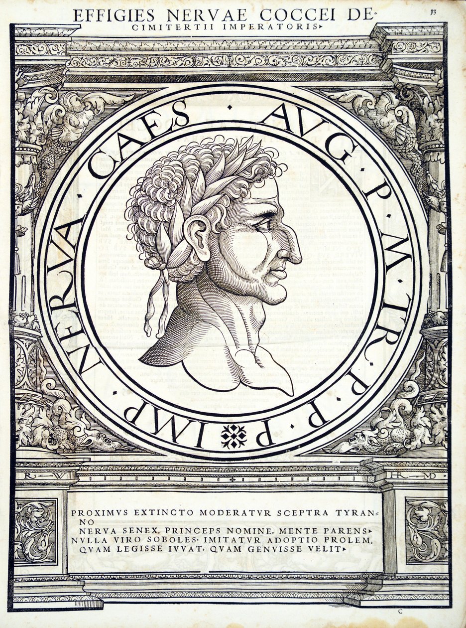 Nerva, kuvitus teoksesta "Imperatorum romanorum omnium orientalium et occidentalium verissimae imagines ex antiquis numismatis", Rudolph Wyssenbachin tekemä puupiirros, Andreas Gesnerin painama, Zürich, 1559. tekijältä Hans Rudolf Manuel Deutsch