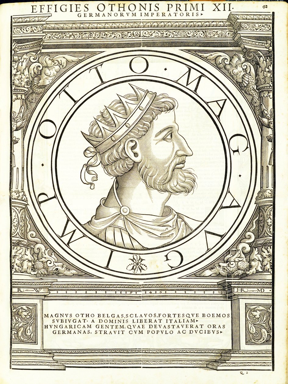Otho I Magnus, kuvitus teoksesta "Kaiken idän ja lännen Rooman keisarit", Rudolph Wyssenbachin puupiirros, paina Andreas Gesner, Zuric tekijältä Hans Rudolf Manuel Deutsch