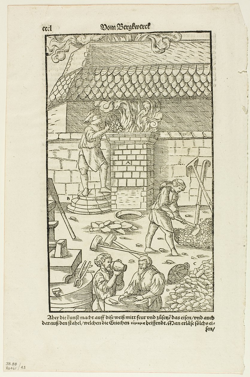 Sivu CCCL Agricolan kirjasta Vom Bergwerck XII Bücher, levy 43 kirjasta Woodcuts from Books of the XVI Century. tekijältä Hans Rudolf Manuel Deutsch