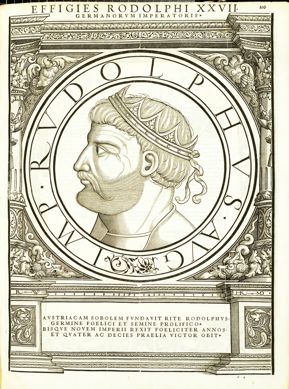 Rodolphus, kuvitus teoksesta "Imperatorum romanorum omnium orientalium et occidentalium verissimae imagines ex antiquis numismatis", Rudolph Wyssenbachin puupiirros, Andreas Gesnerin painama, Zürich, 1 tekijältä Hans Rudolf Manuel Deutsch