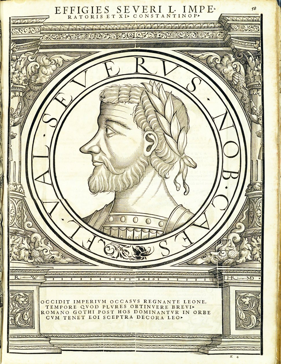 Severus D, kuvitus teoksesta "Kaiken idän ja lännen Rooman keisarit", Rudolph Wyssenbachin puupiirros, Andreas Gesner, Zürich, 1 tekijältä Hans Rudolf Manuel Deutsch