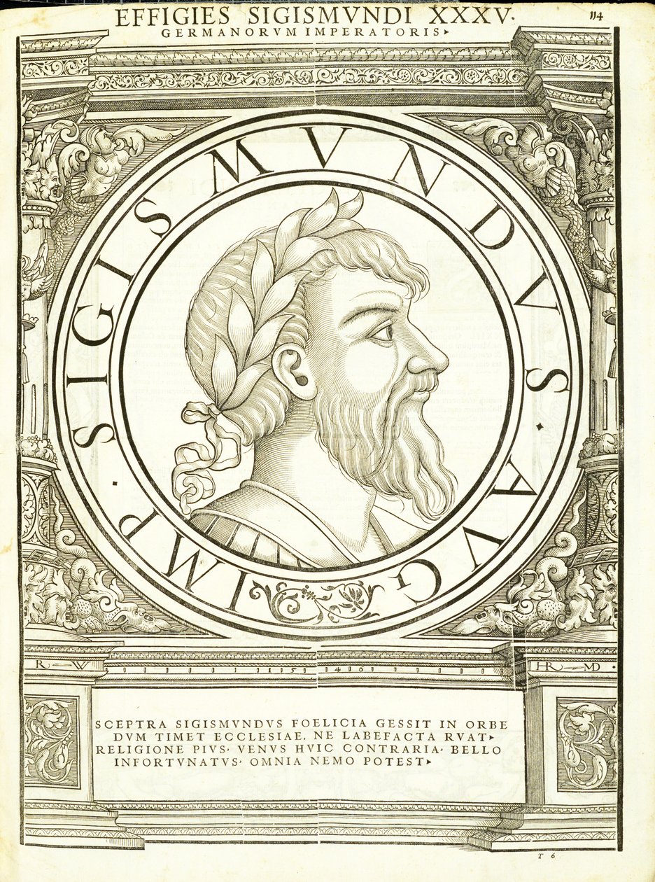 Sigismundus, kuvitus teoksesta "Imperatorum romanorum omnium orientalium et occidentalium verissimae imagines ex antiquis numismatis", Rudolph Wyssenbachin puupiirros, painanut Andreas Gesner, Zürich, tekijältä Hans Rudolf Manuel Deutsch
