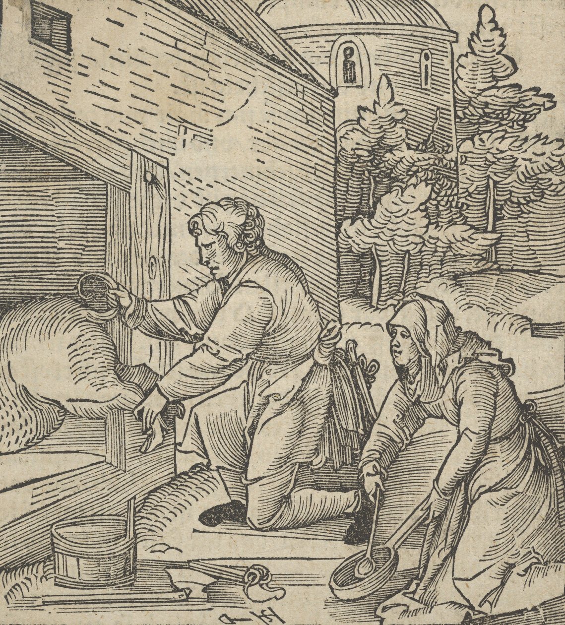 Sikaa teurastava maanviljelijä, Hymmelwagen auff dem, wer wol leben..., 1517. tekijältä Hans Schäufelein the Elder